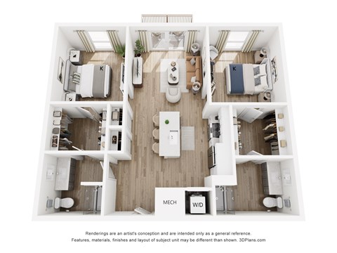 A 3D floor plan of a house with labeled rooms.